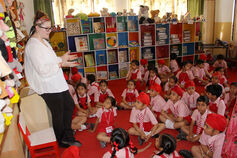 IU student Audrey Lyhus teaching in a classroom of young children in Punjab, India.